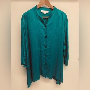Caroline Rose Green /blue 100% Linen Button‑Front Top size 2XL